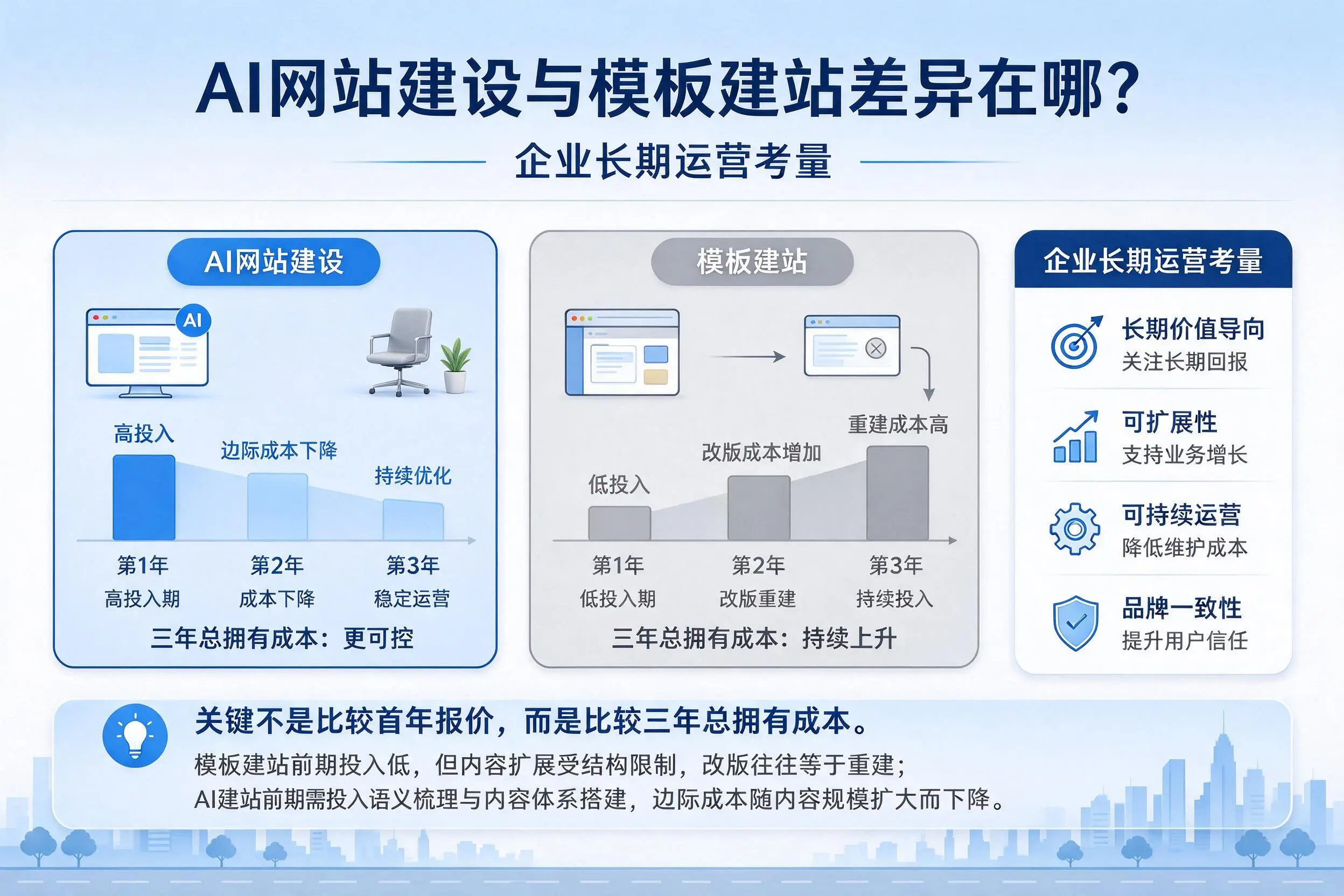 AI网站建设与模板建站差异在哪？资阳企业长期运营考量